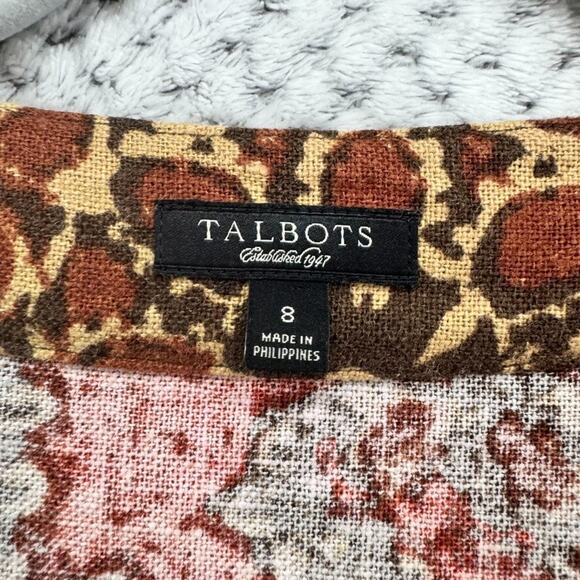 Talbots Dress Womens 8 Orange Paisley Pineapple Linen Midi Belted Half Sleeve - Picture 2 of 12